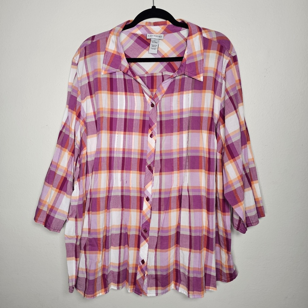 Catherines Womens Madras Plaid Country Top Size 3X Purple Button Up Barn Chore